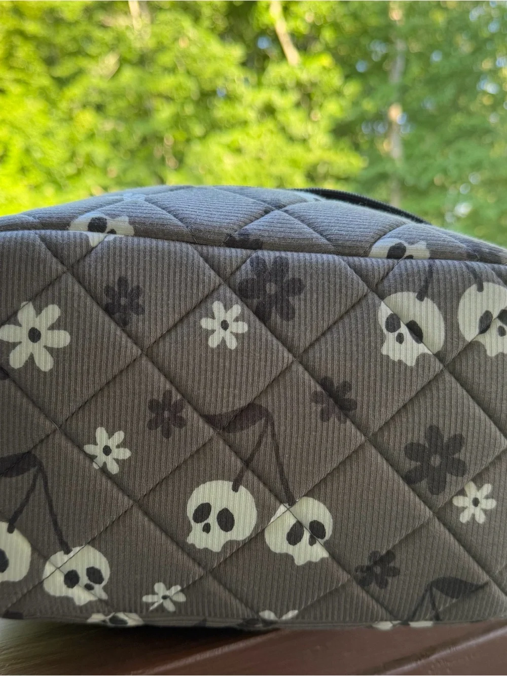 Quilted Gray Floral & Skull Cosmetic Pouch